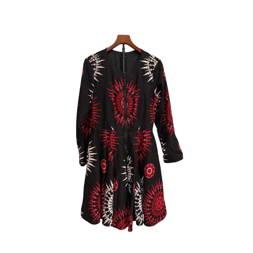 Ray Darten African Print Front Zip Fit Flare Dress Black‎ Red Sunburst Pockets L